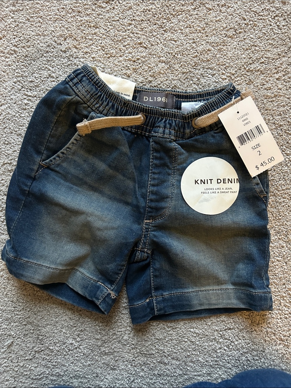 DL1961 Kids Knit Denim Shorts in Dark Blue with Tan Drawstring